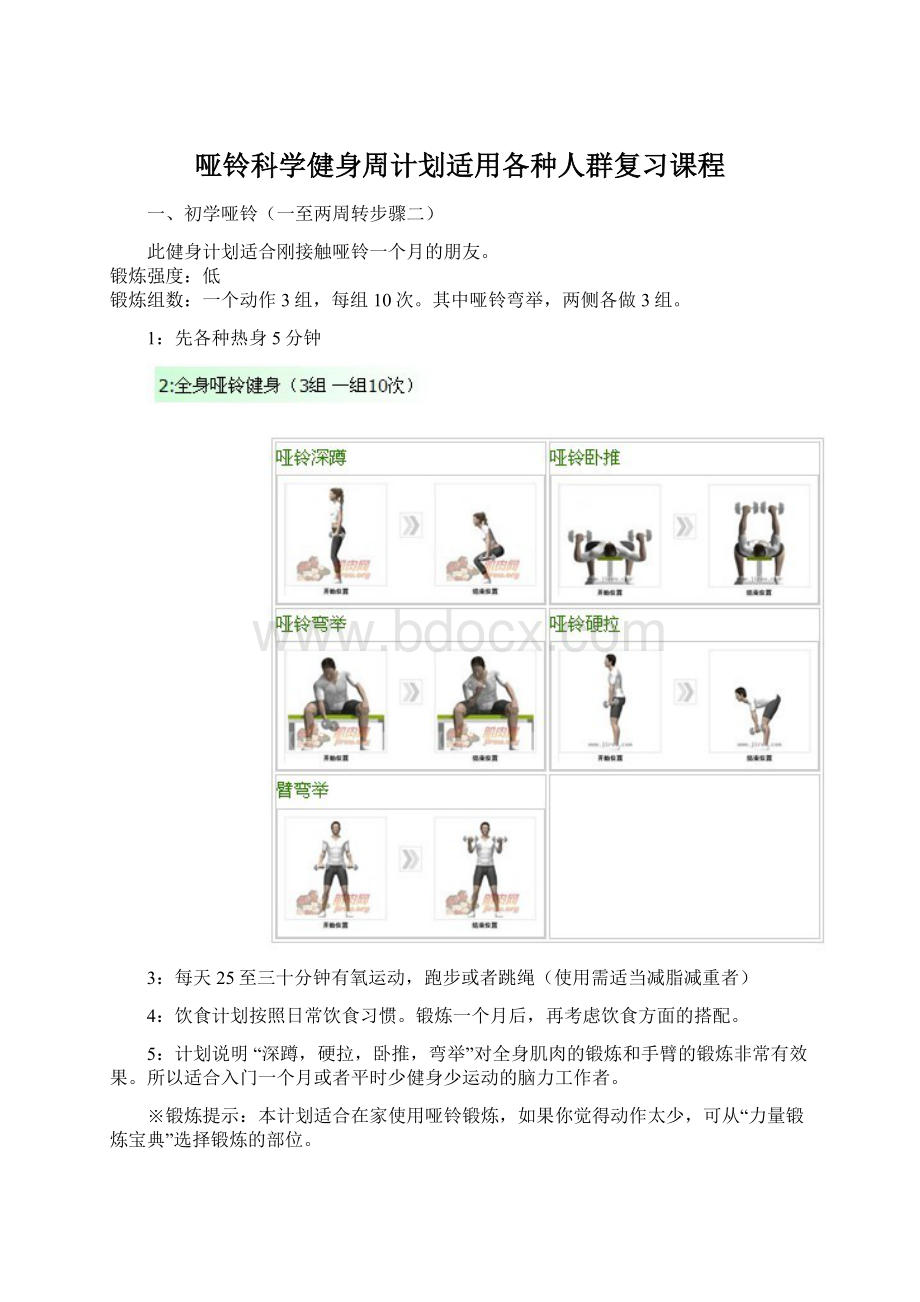 哑铃科学健身周计划适用各种人群复习课程文档格式.docx_第1页