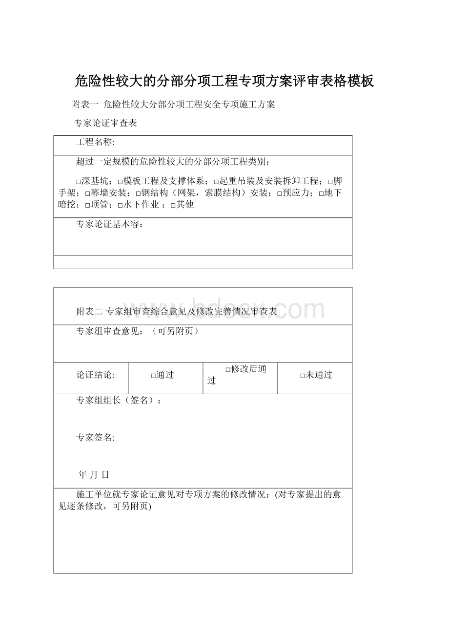 危险性较大的分部分项工程专项方案评审表格模板.docx_第1页