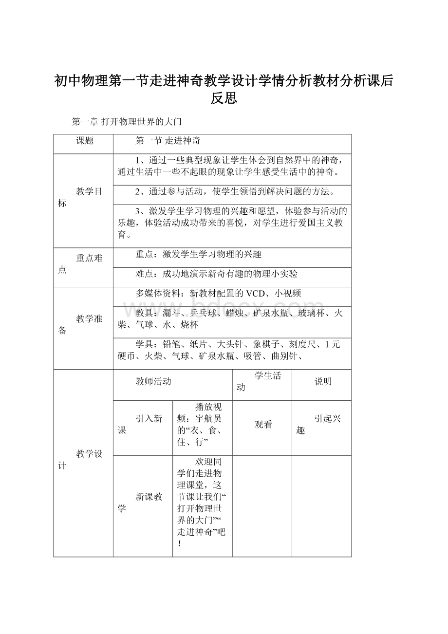 初中物理第一节走进神奇教学设计学情分析教材分析课后反思.docx_第1页