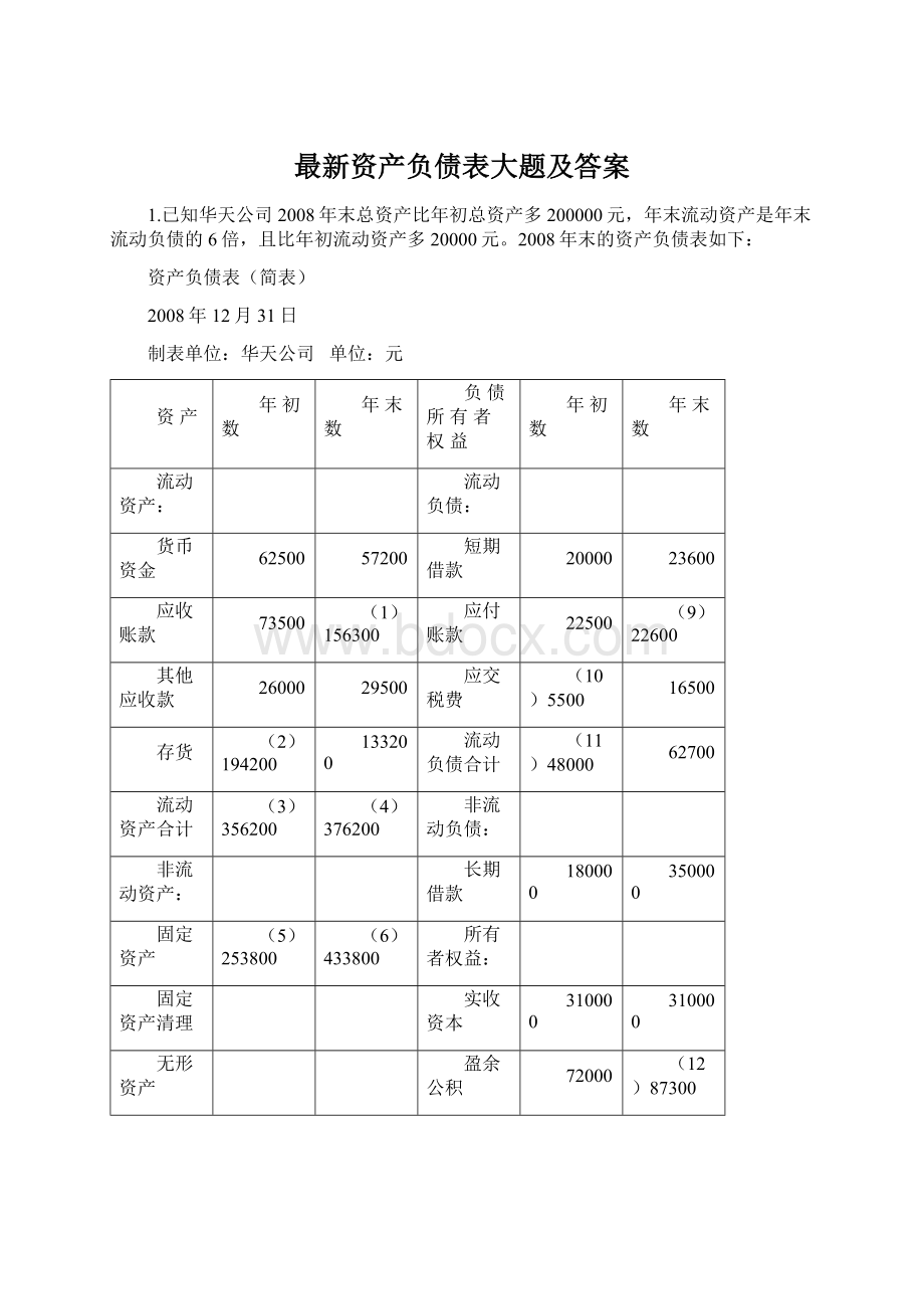 最新资产负债表大题及答案Word下载.docx