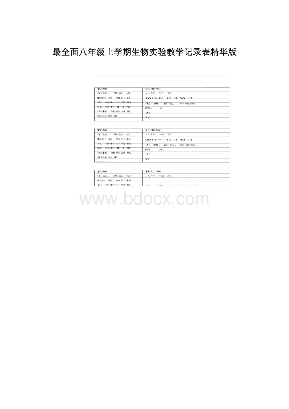 最全面八年级上学期生物实验教学记录表精华版.docx