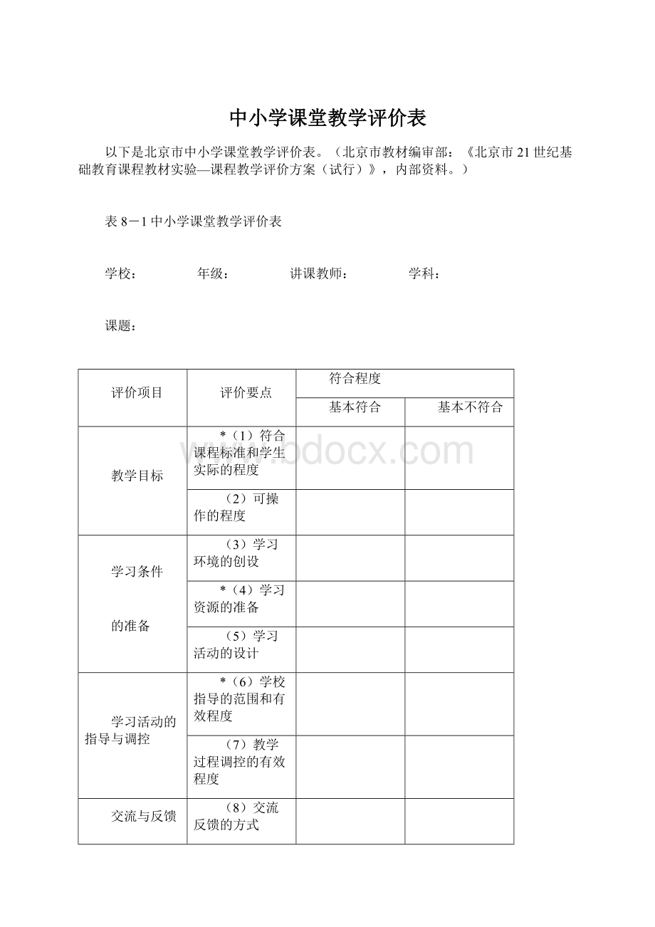 中小学课堂教学评价表Word下载.docx