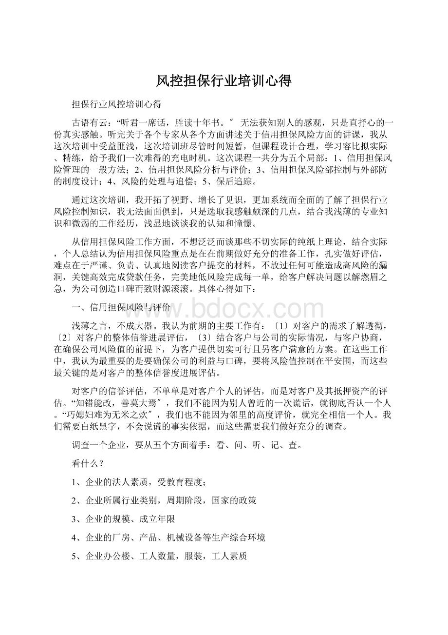 风控担保行业培训心得Word文档格式.docx