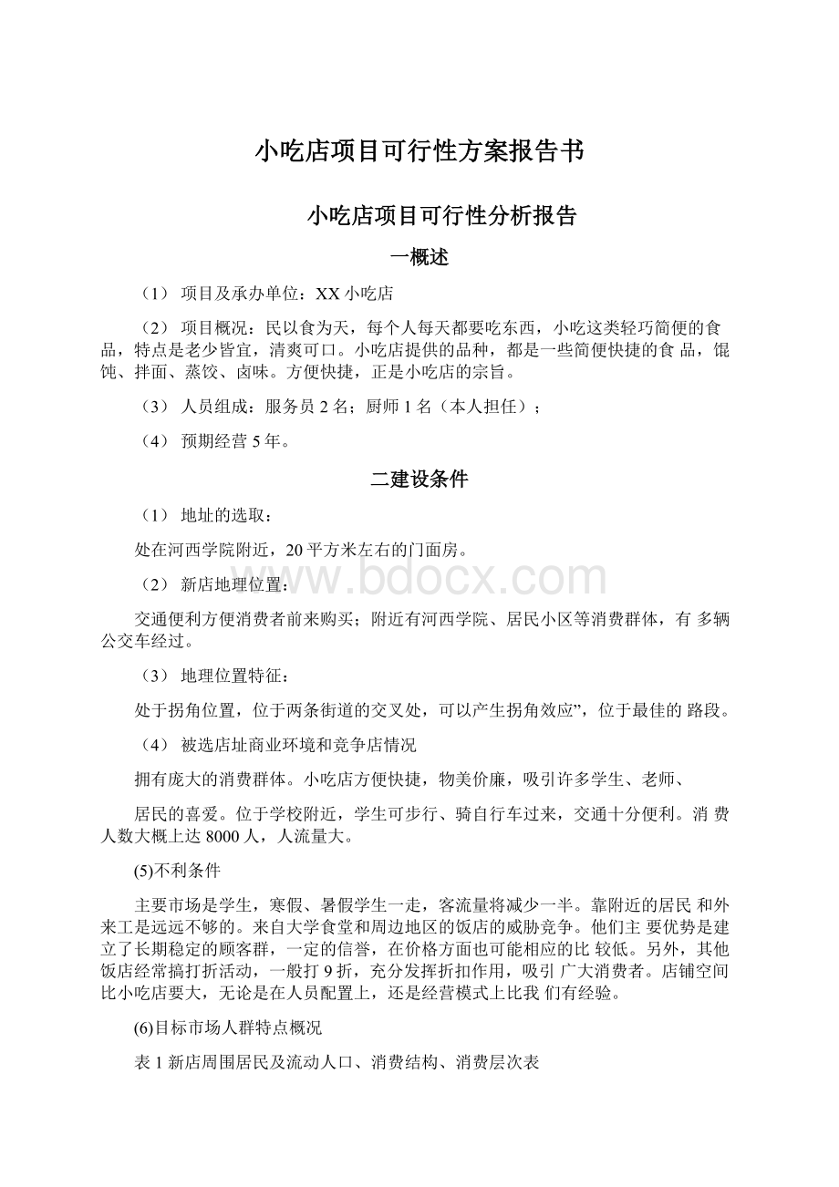 小吃店项目可行性方案报告书.docx_第1页