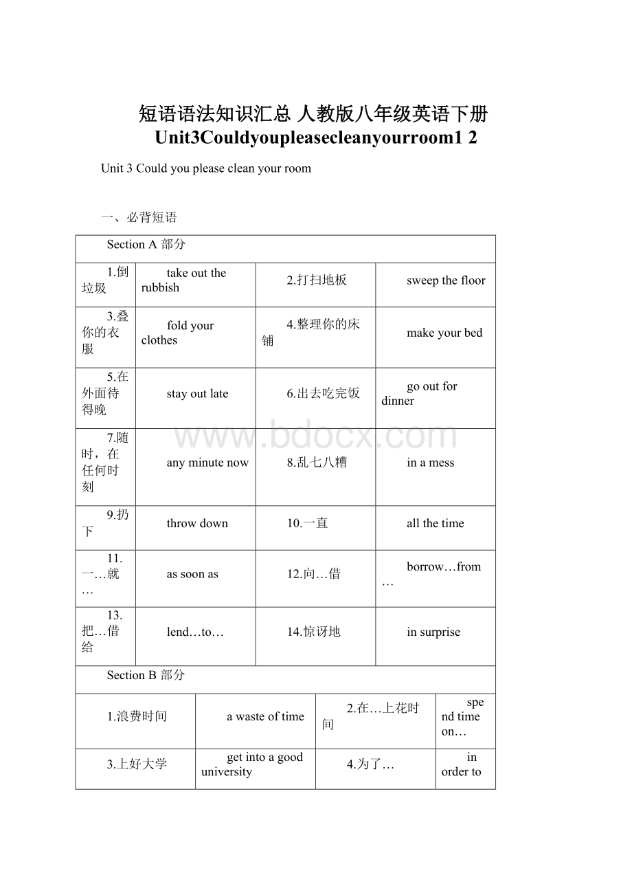 短语语法知识汇总 人教版八年级英语下册Unit3Couldyoupleasecleanyourroom1 2.docx_第1页