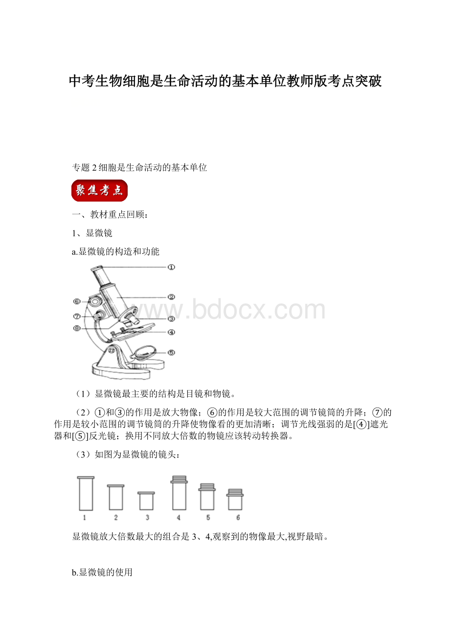 中考生物细胞是生命活动的基本单位教师版考点突破Word文档下载推荐.docx