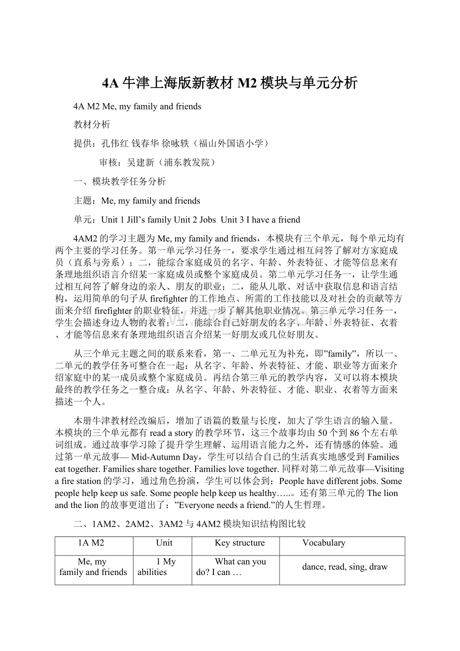 4A牛津上海版新教材M2模块与单元分析Word文档格式.docx_第1页