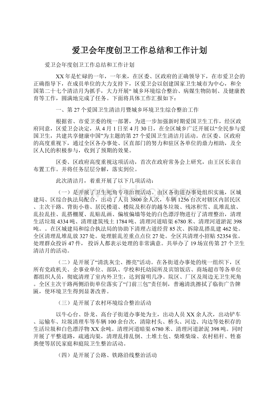 爱卫会年度创卫工作总结和工作计划Word文档下载推荐.docx