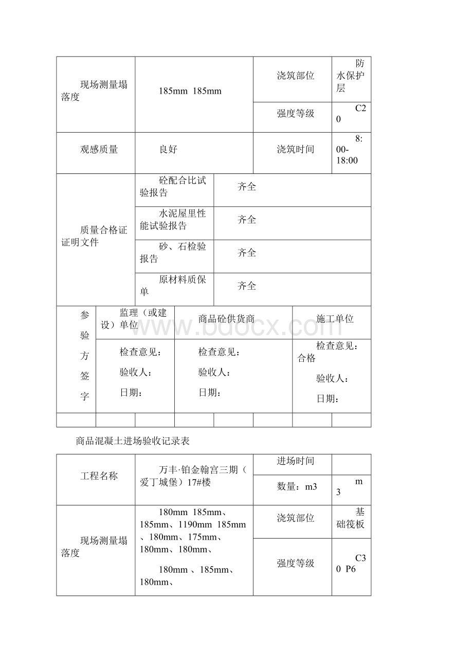 商品混凝土进场验收记录表Word文件下载.docx_第2页