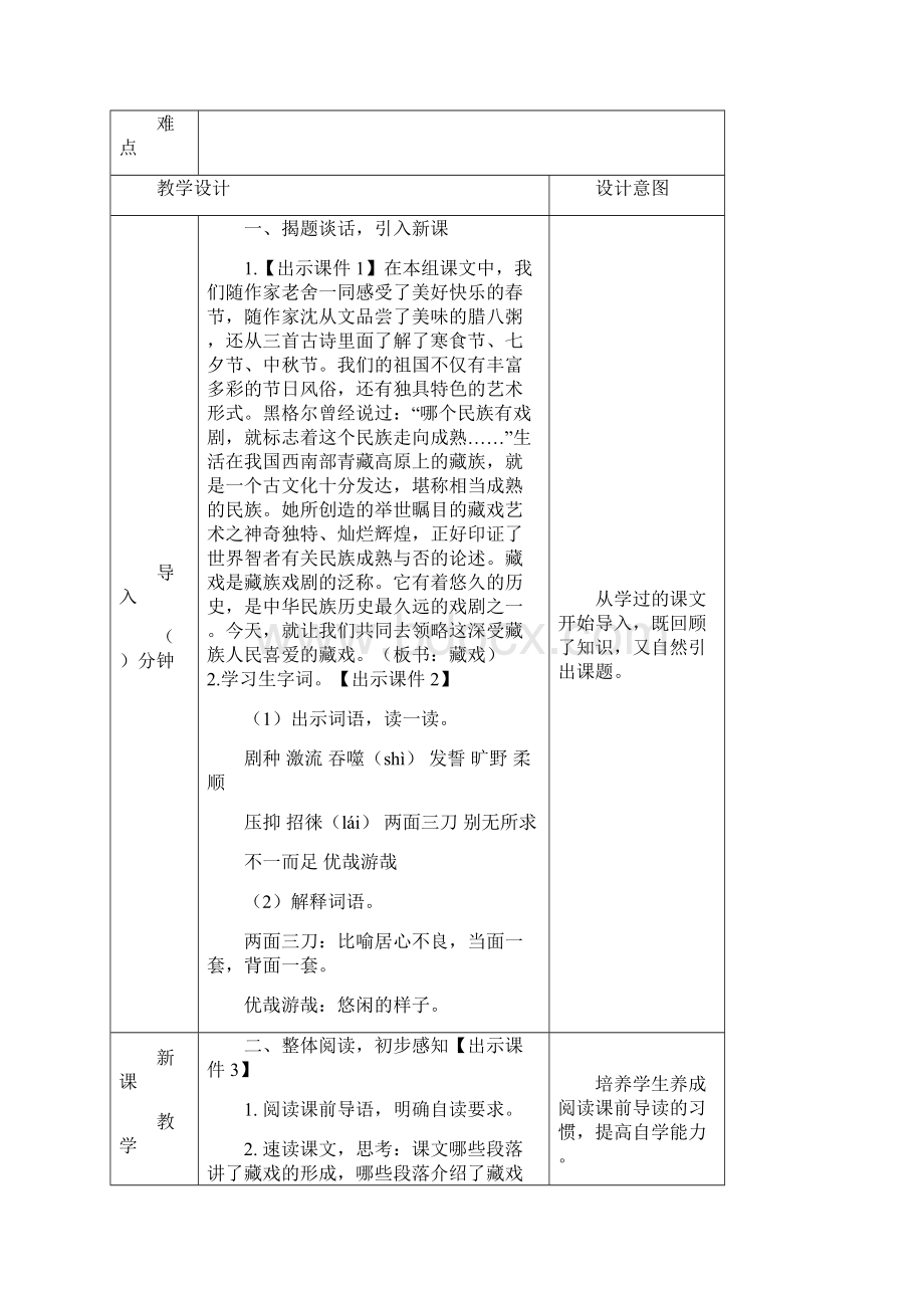 新部编人教版六年级下语文4《藏戏》优质精品课教学设计Word下载.docx_第2页