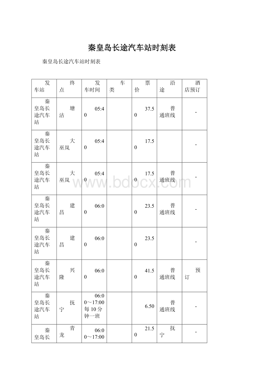 秦皇岛长途汽车站时刻表.docx_第1页