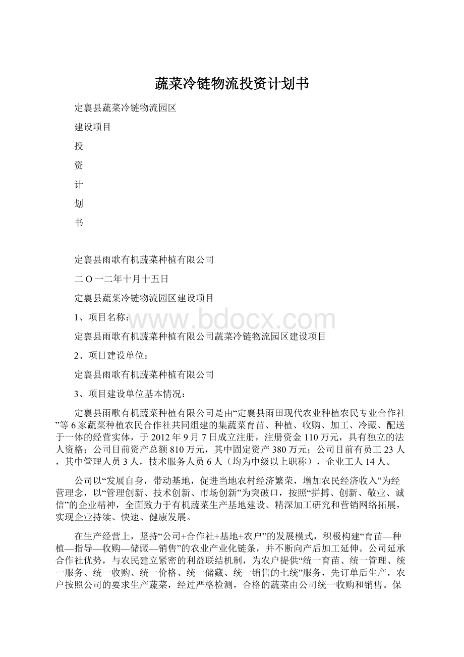 蔬菜冷链物流投资计划书Word格式.docx