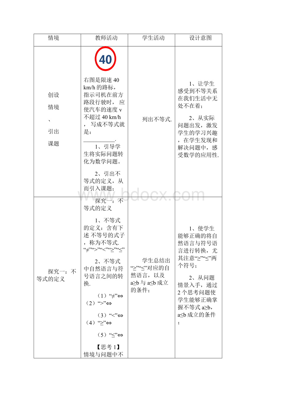 高中数学不等式及其性质1教学设计学情分析教材分析课后反思Word文档格式.docx_第2页