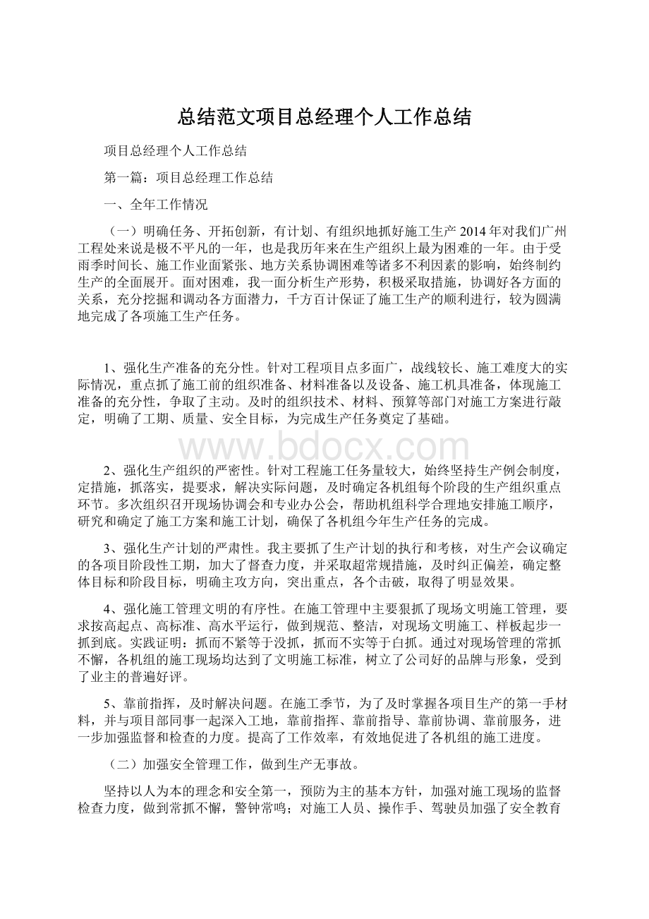 总结范文项目总经理个人工作总结Word文档格式.docx