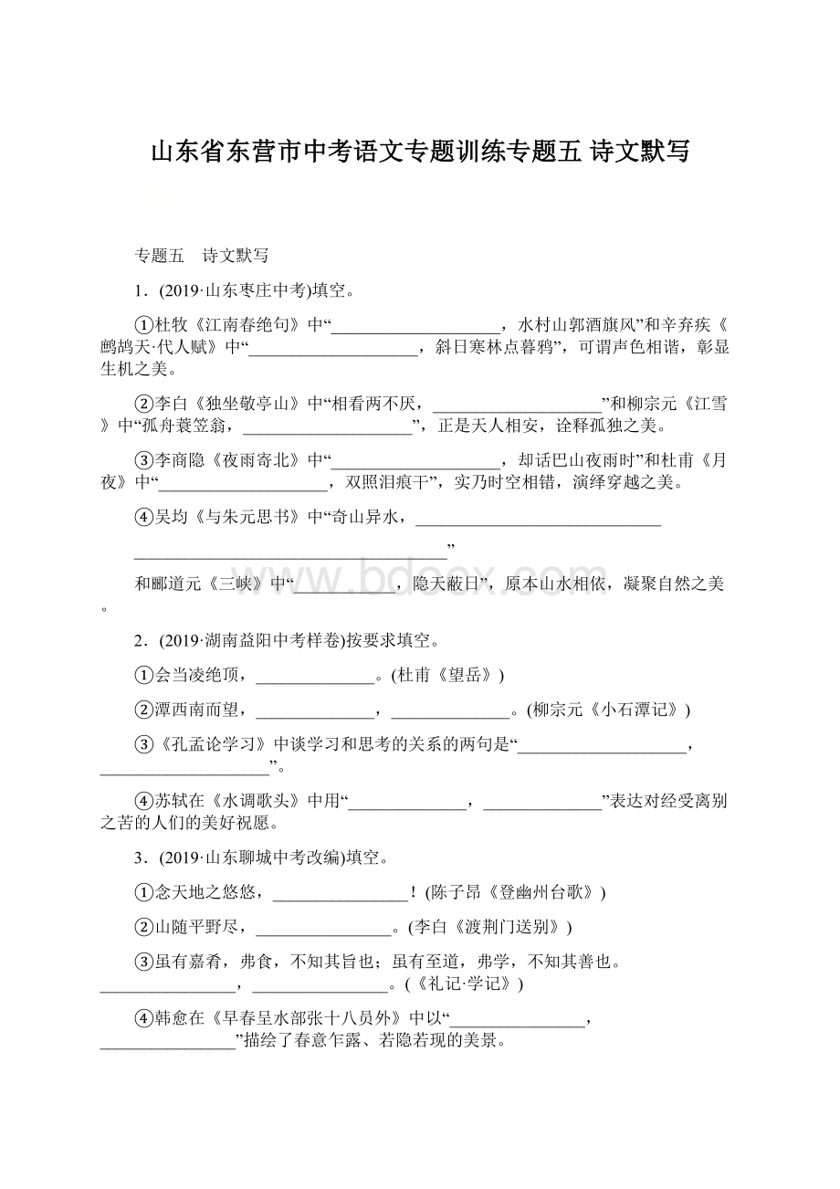 山东省东营市中考语文专题训练专题五 诗文默写Word格式文档下载.docx