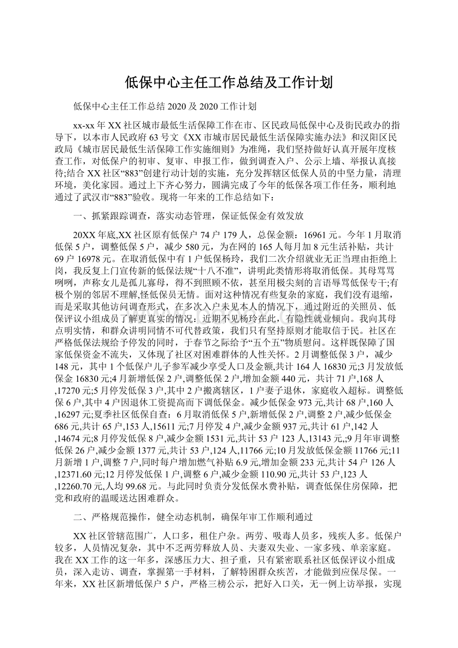 低保中心主任工作总结及工作计划Word文件下载.docx