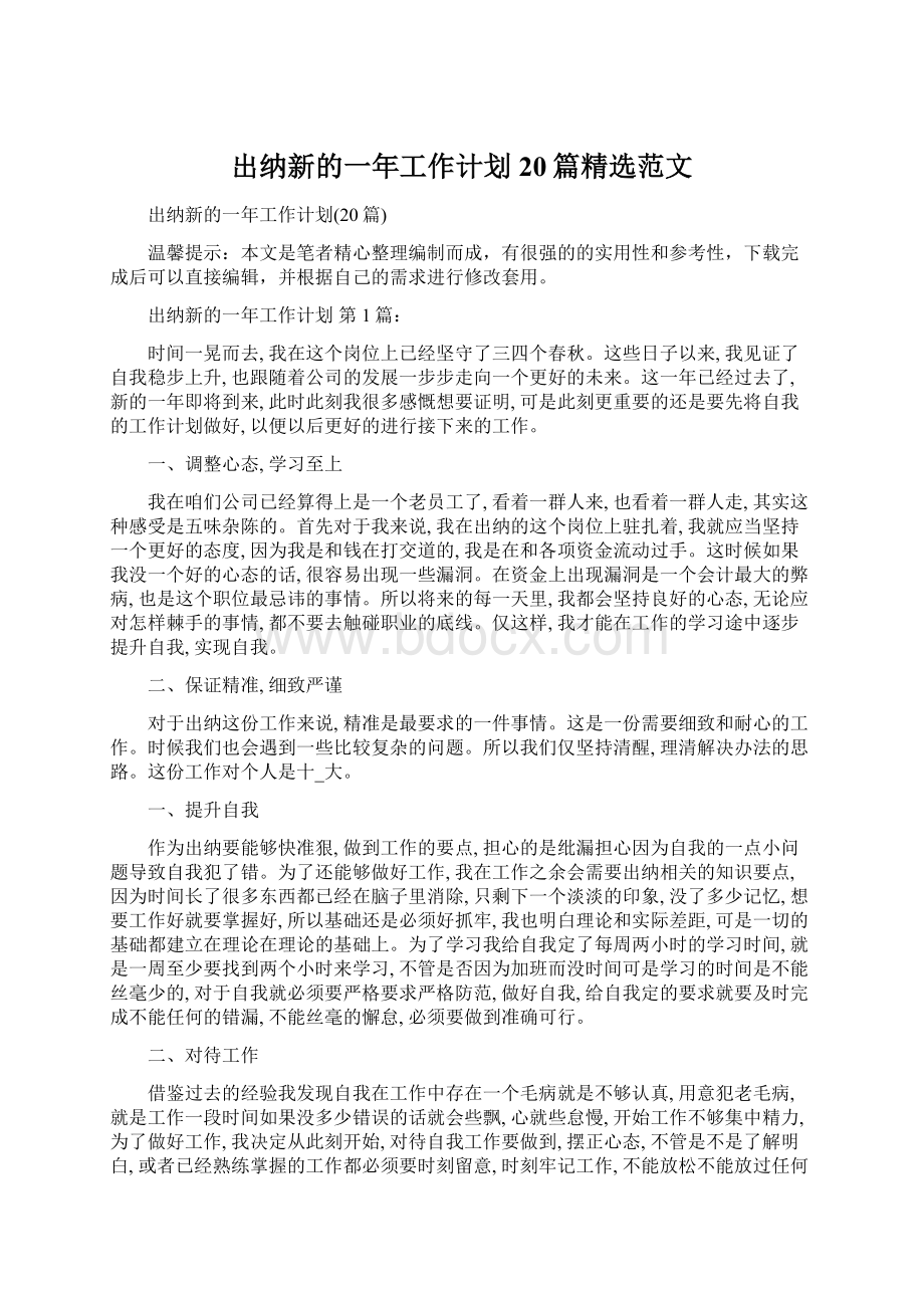 出纳新的一年工作计划20篇精选范文Word文档下载推荐.docx