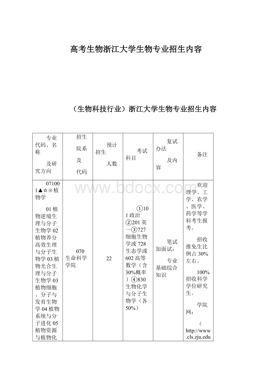 高考生物浙江大学生物专业招生内容文档格式.docx