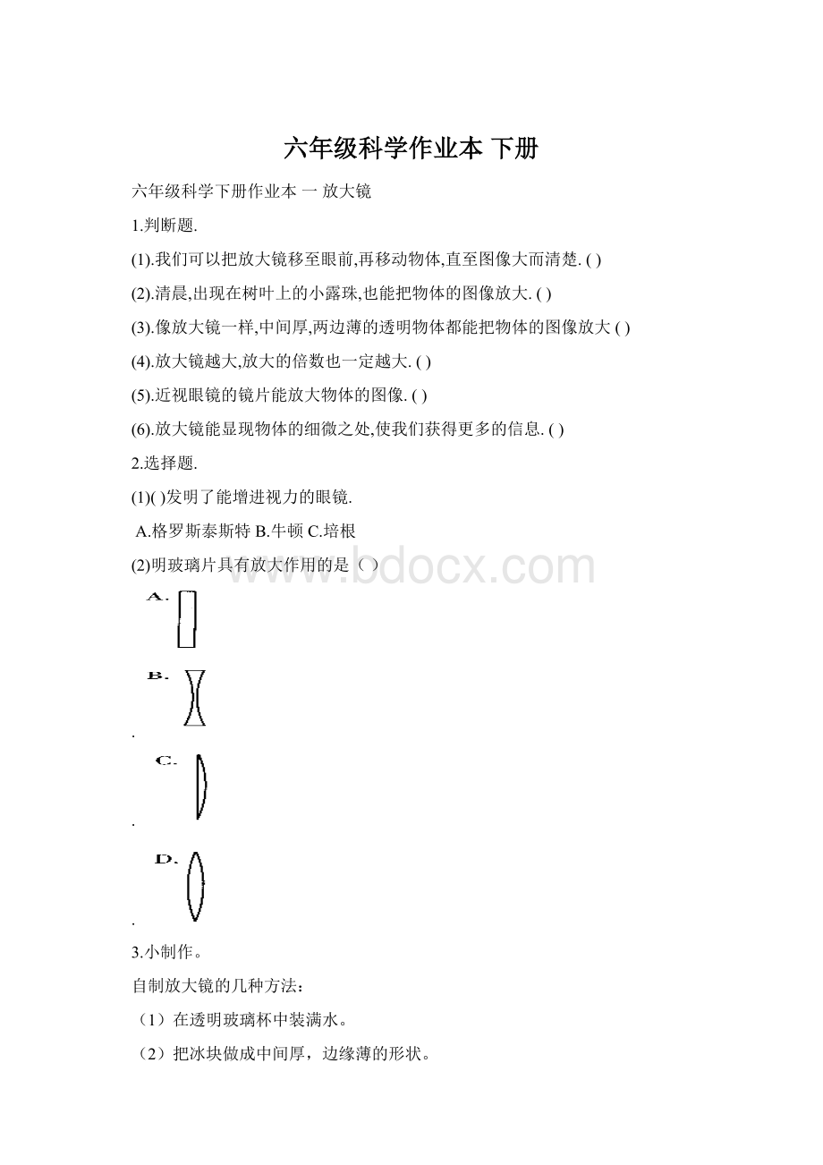 六年级科学作业本 下册Word格式.docx