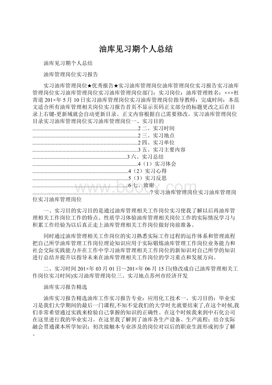 油库见习期个人总结文档格式.docx