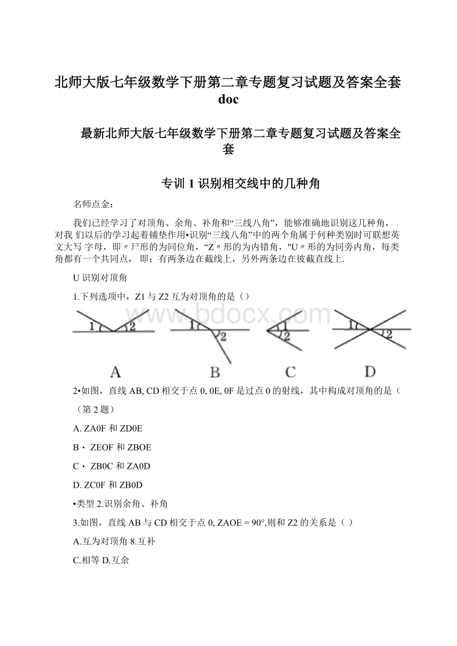 北师大版七年级数学下册第二章专题复习试题及答案全套doc.docx