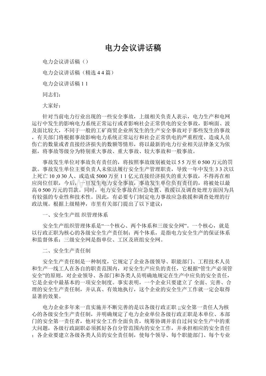 电力会议讲话稿Word格式文档下载.docx_第1页