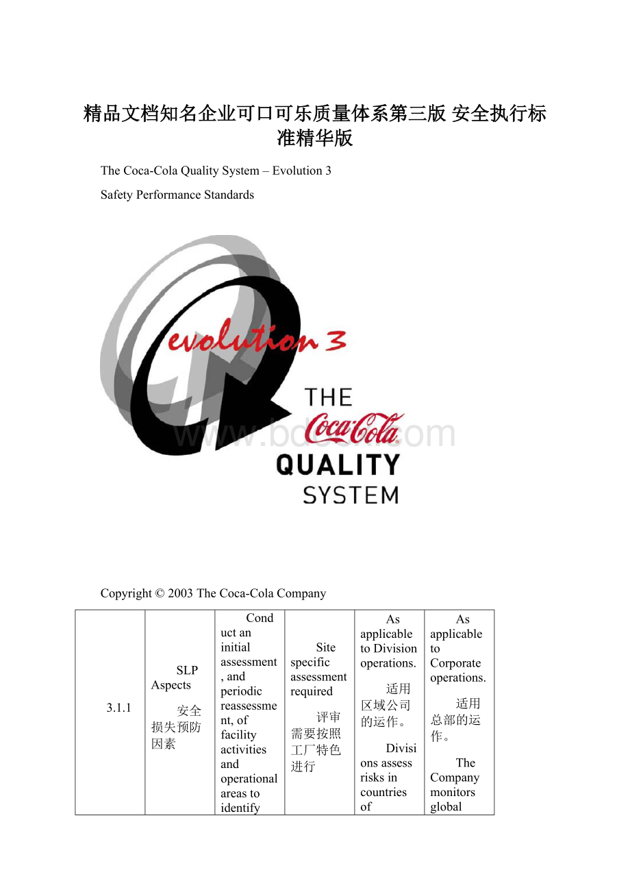 精品文档知名企业可口可乐质量体系第三版 安全执行标准精华版.docx