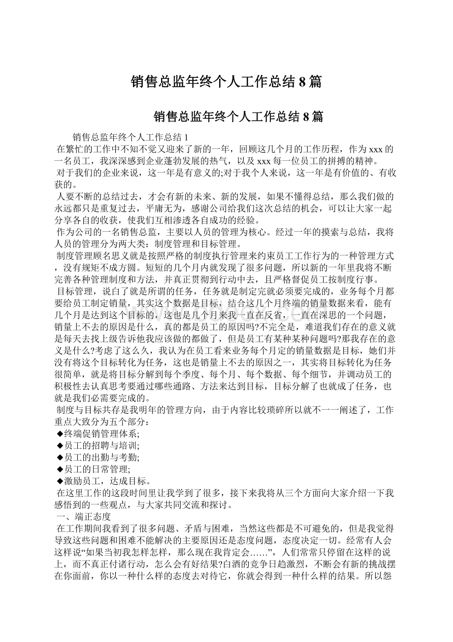 销售总监年终个人工作总结8篇文档格式.docx