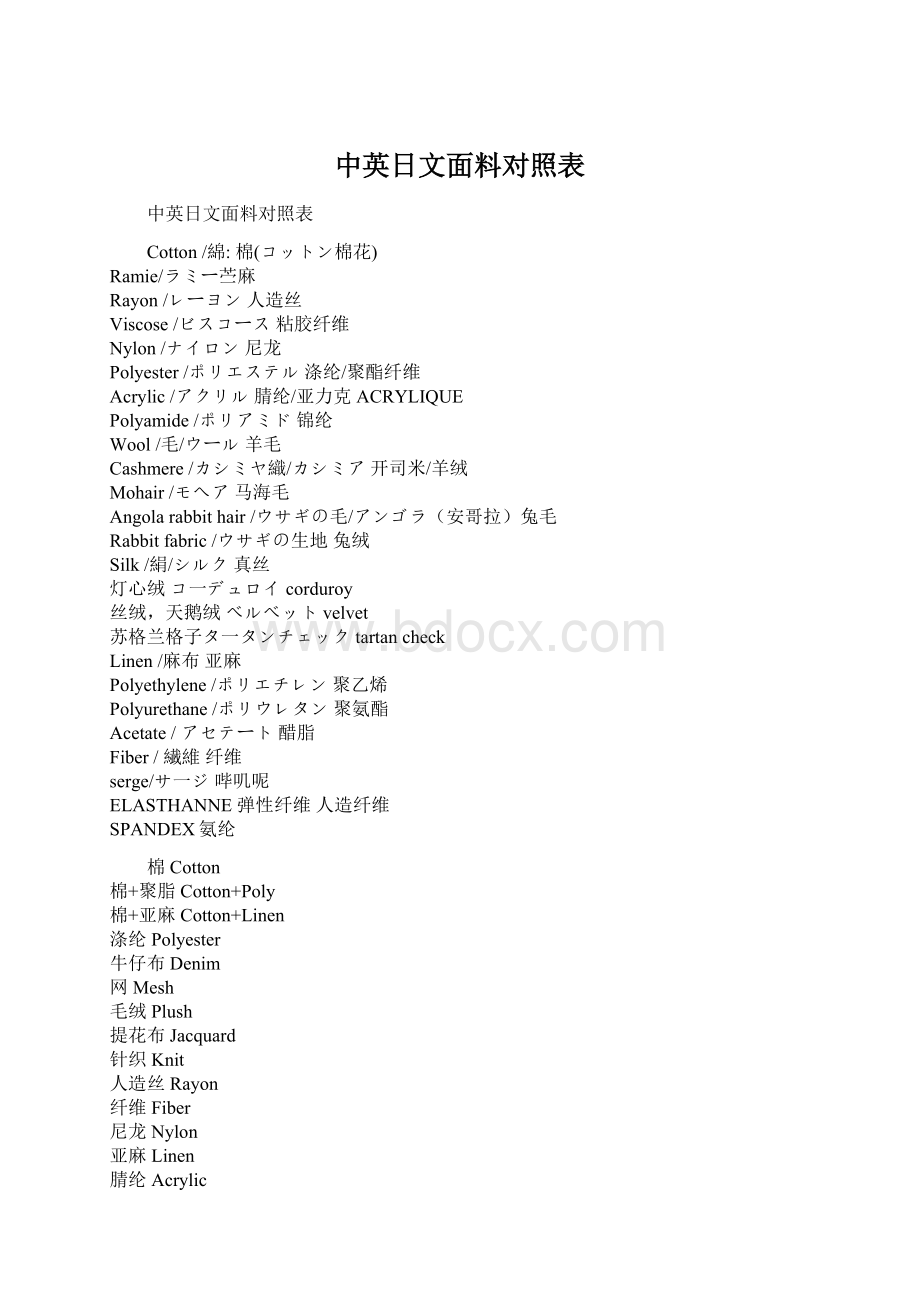 中英日文面料对照表.docx