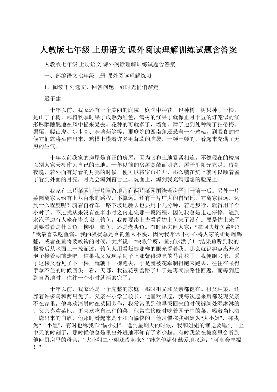 人教版七年级 上册语文 课外阅读理解训练试题含答案.docx