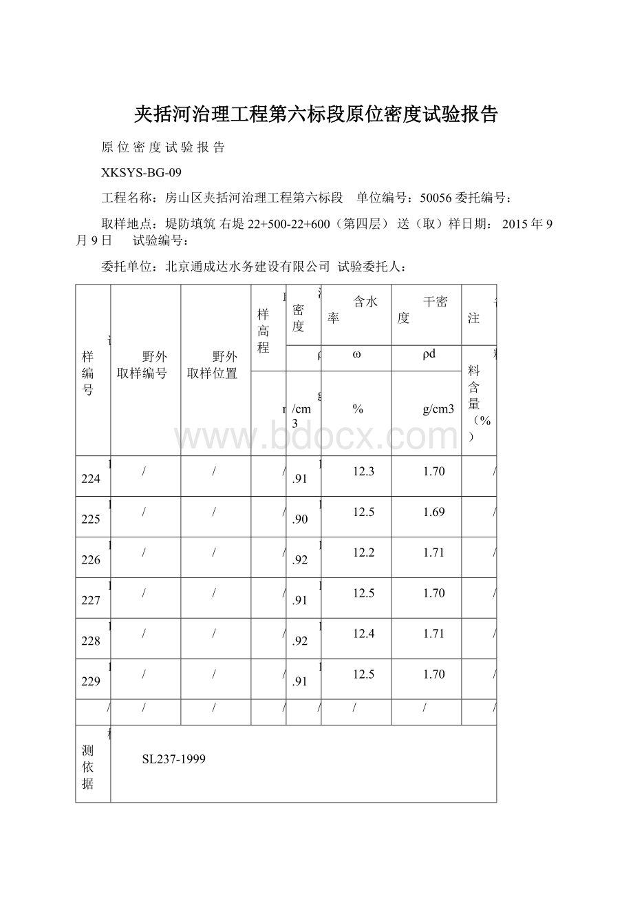 夹括河治理工程第六标段原位密度试验报告.docx_第1页