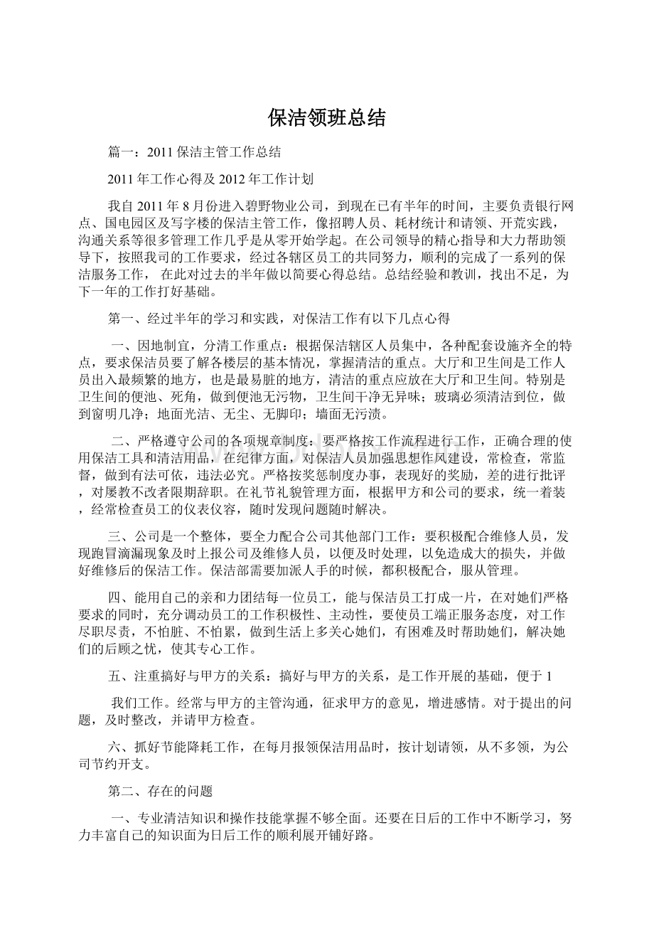 保洁领班总结Word格式文档下载.docx