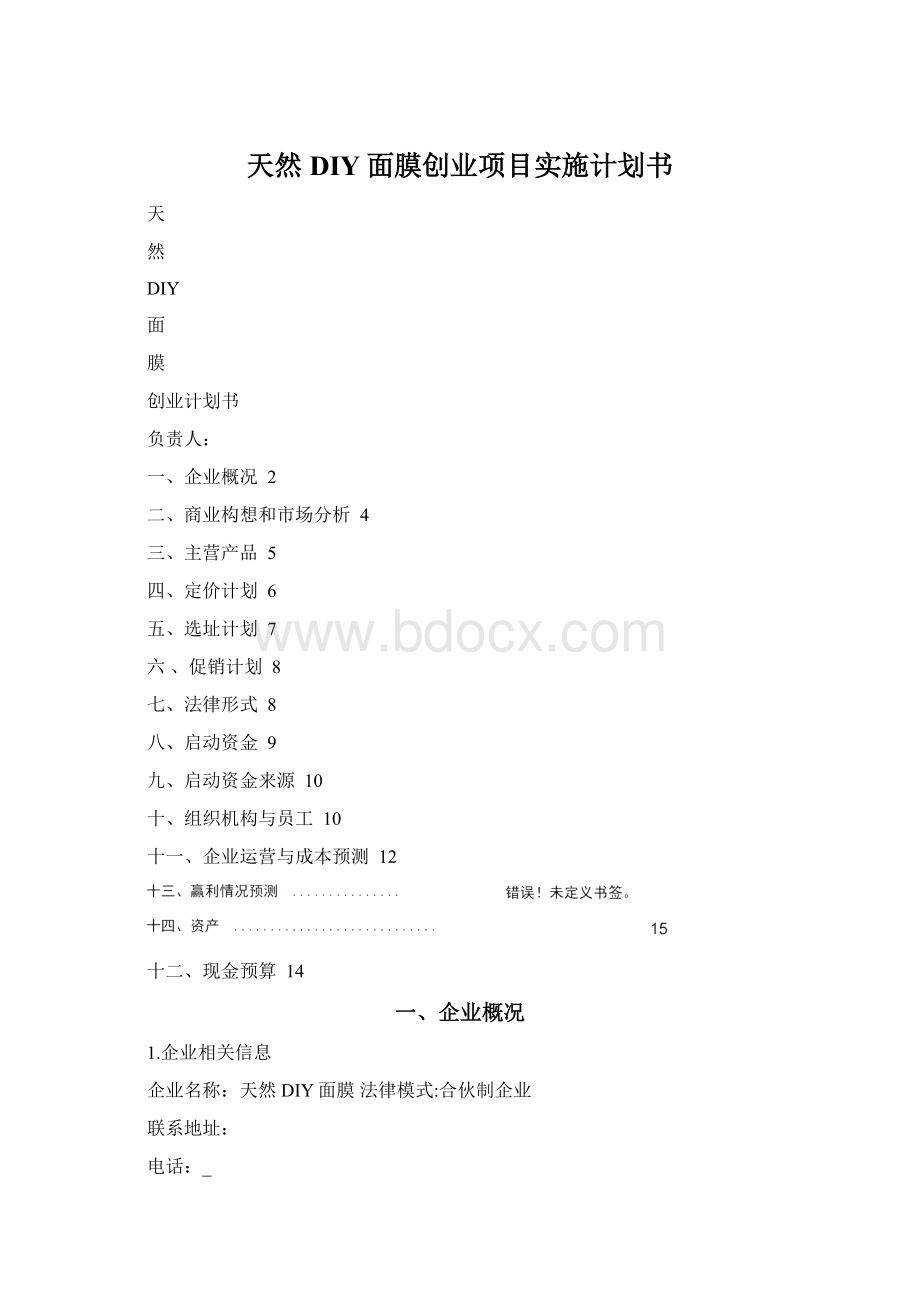 天然DIY面膜创业项目实施计划书.docx_第1页