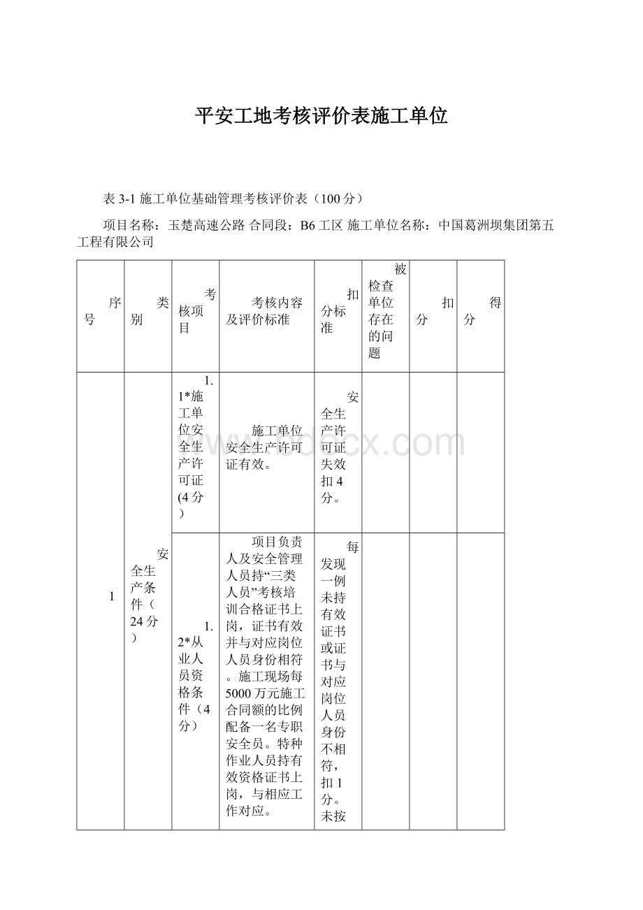 平安工地考核评价表施工单位.docx