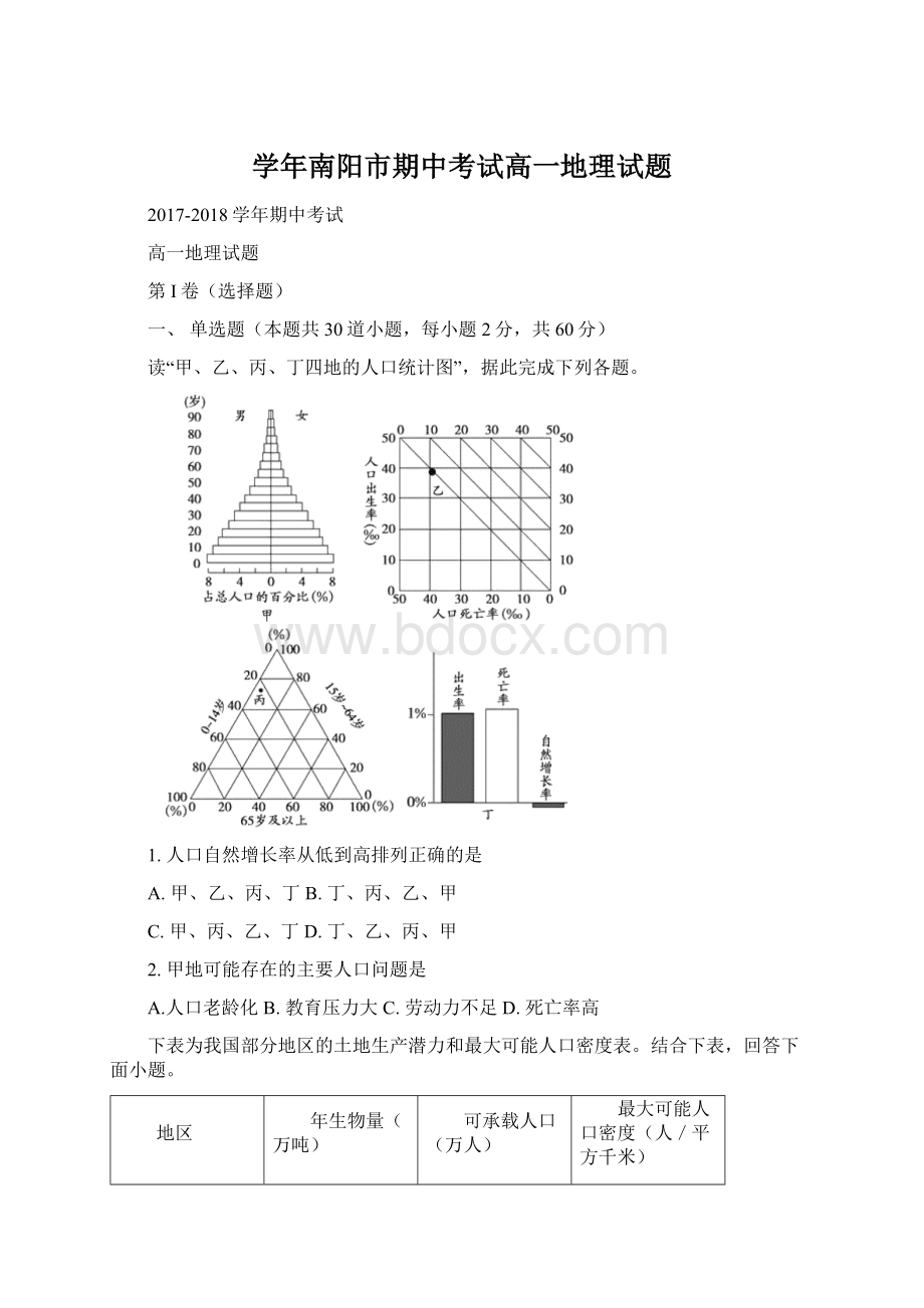 学年南阳市期中考试高一地理试题.docx_第1页