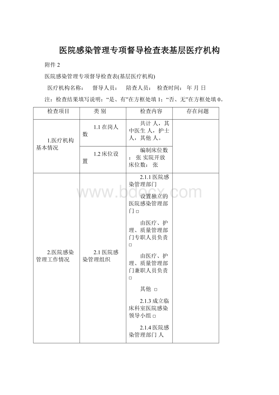 医院感染管理专项督导检查表基层医疗机构Word文件下载.docx_第1页