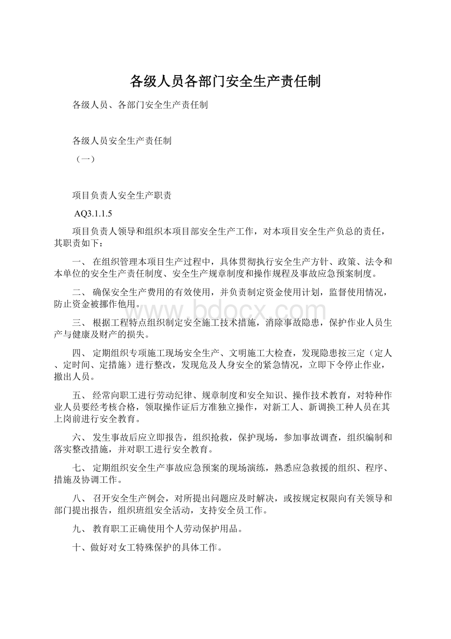 各级人员各部门安全生产责任制.docx_第1页