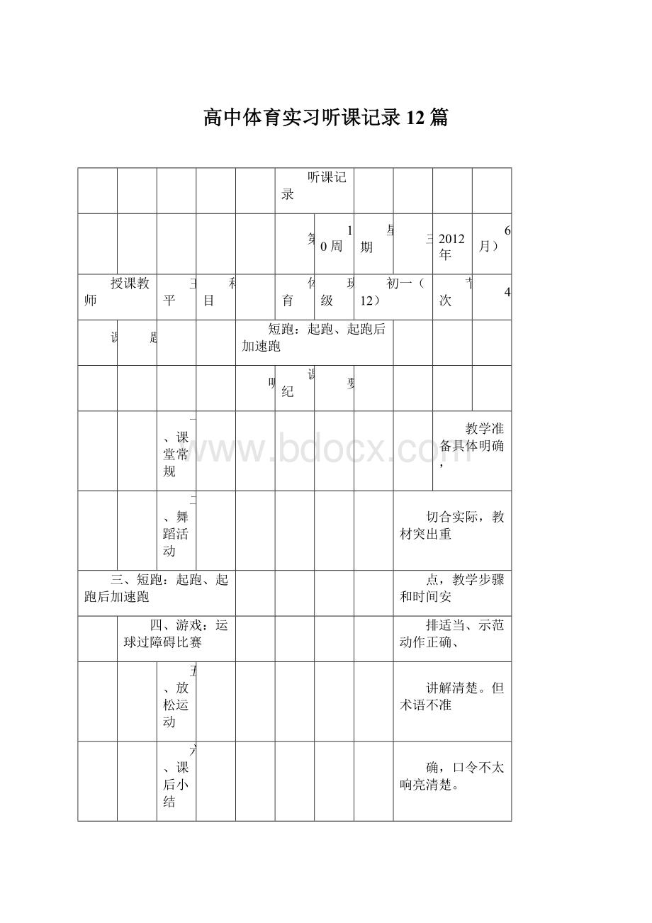 高中体育实习听课记录12篇.docx