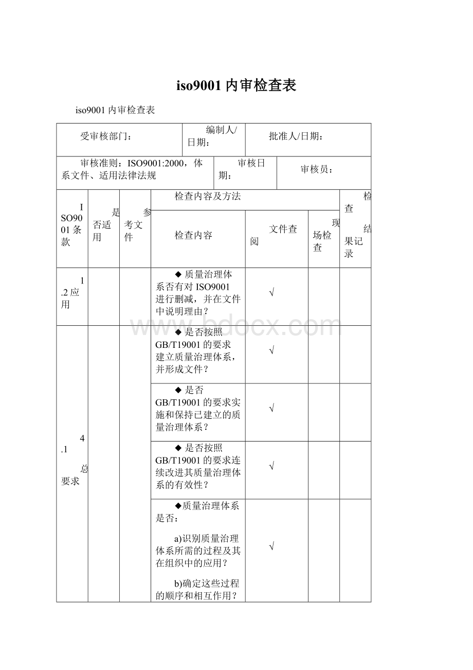 iso9001内审检查表Word格式文档下载.docx_第1页