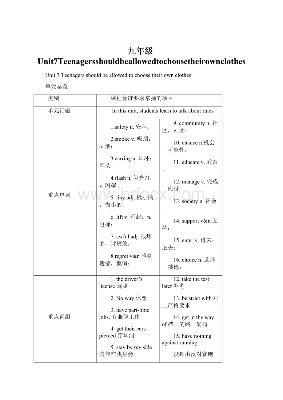 九年级Unit7TeenagersshouldbeallowedtochoosetheirownclothesWord格式.docx