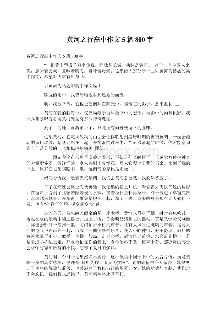 黄河之行高中作文5篇800字Word文档下载推荐.docx