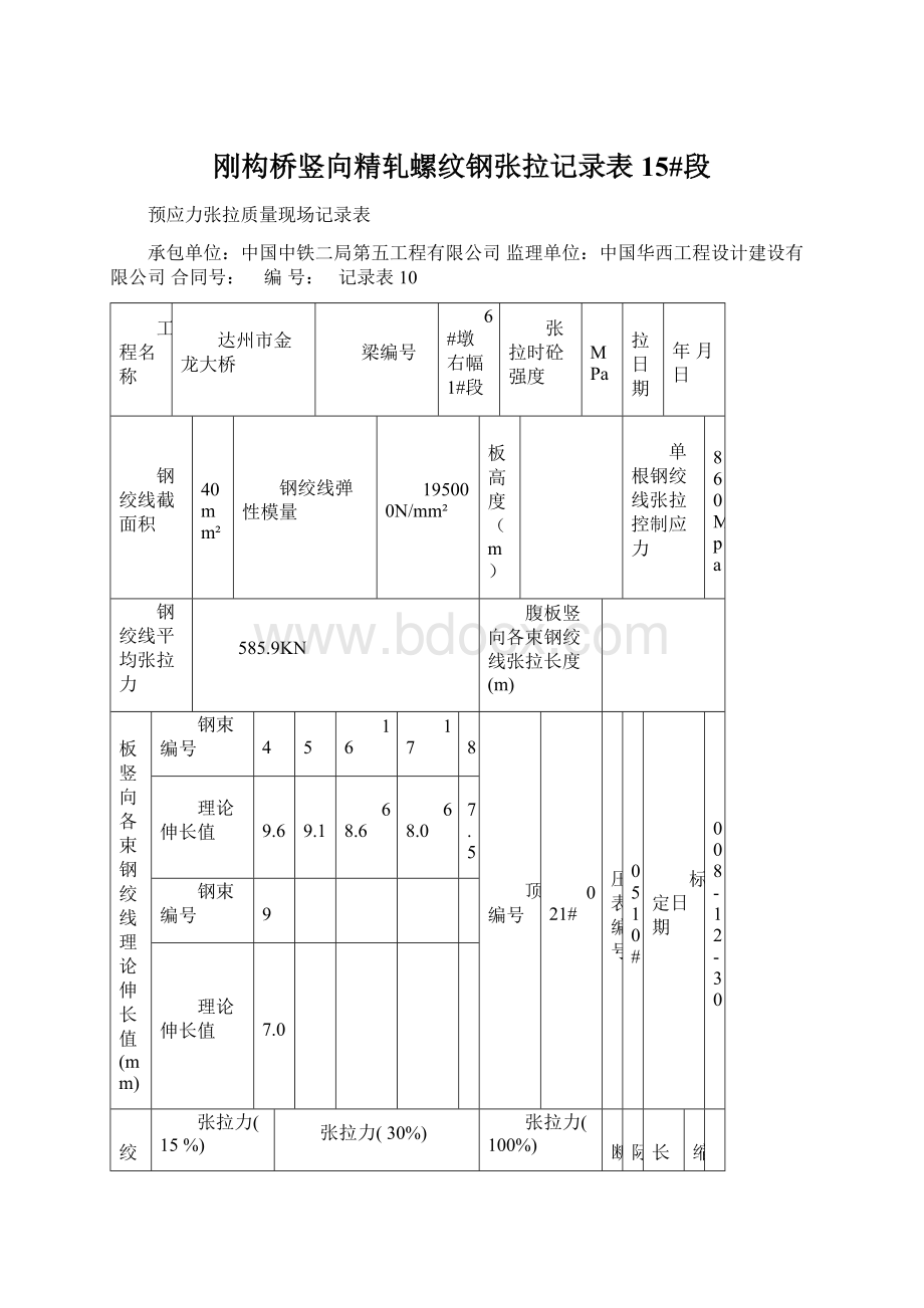 刚构桥竖向精轧螺纹钢张拉记录表15#段.docx_第1页