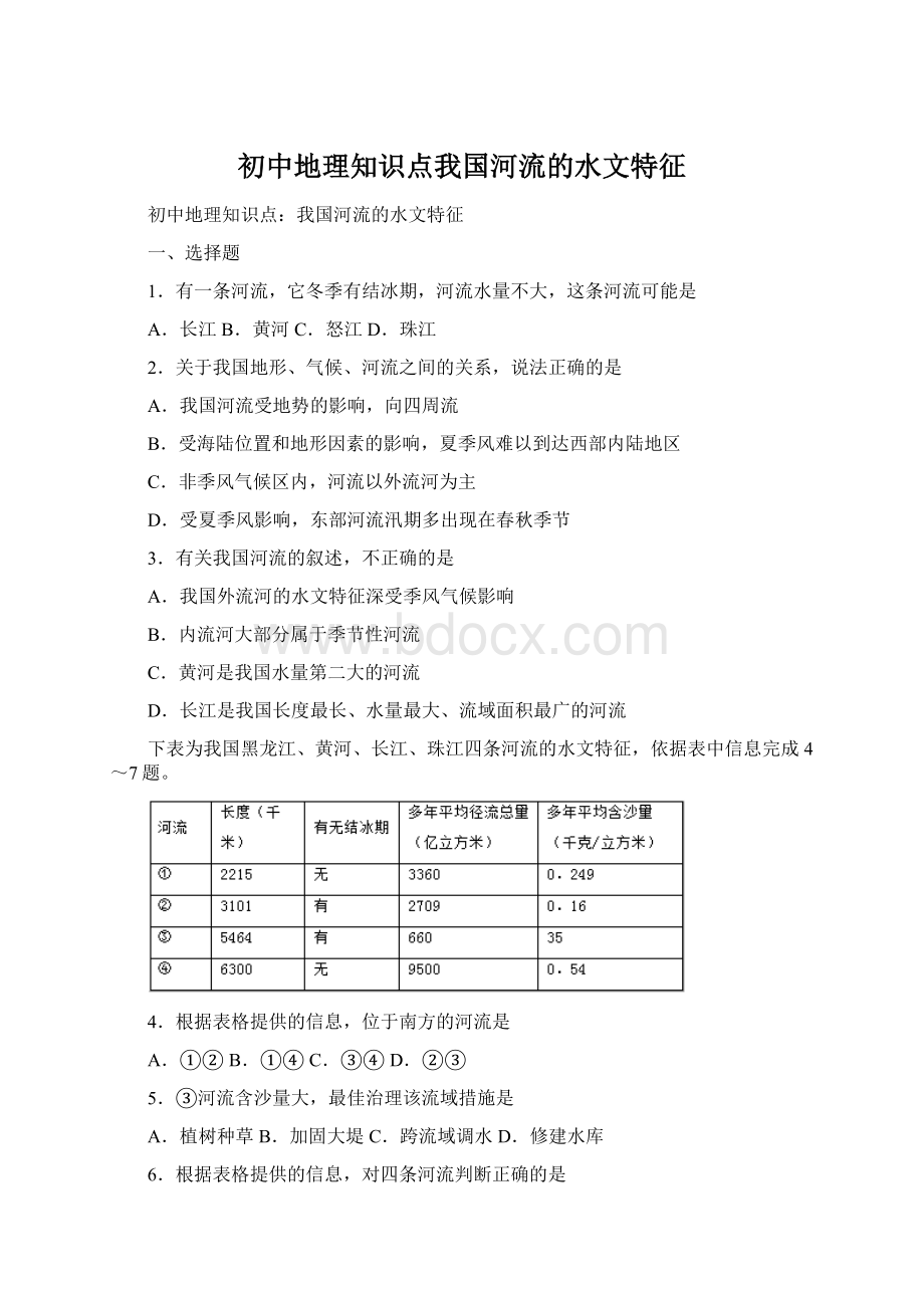 初中地理知识点我国河流的水文特征Word格式.docx