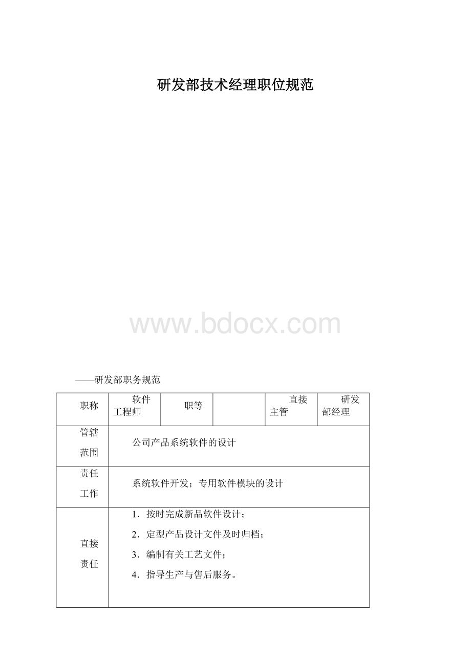 研发部技术经理职位规范Word格式文档下载.docx