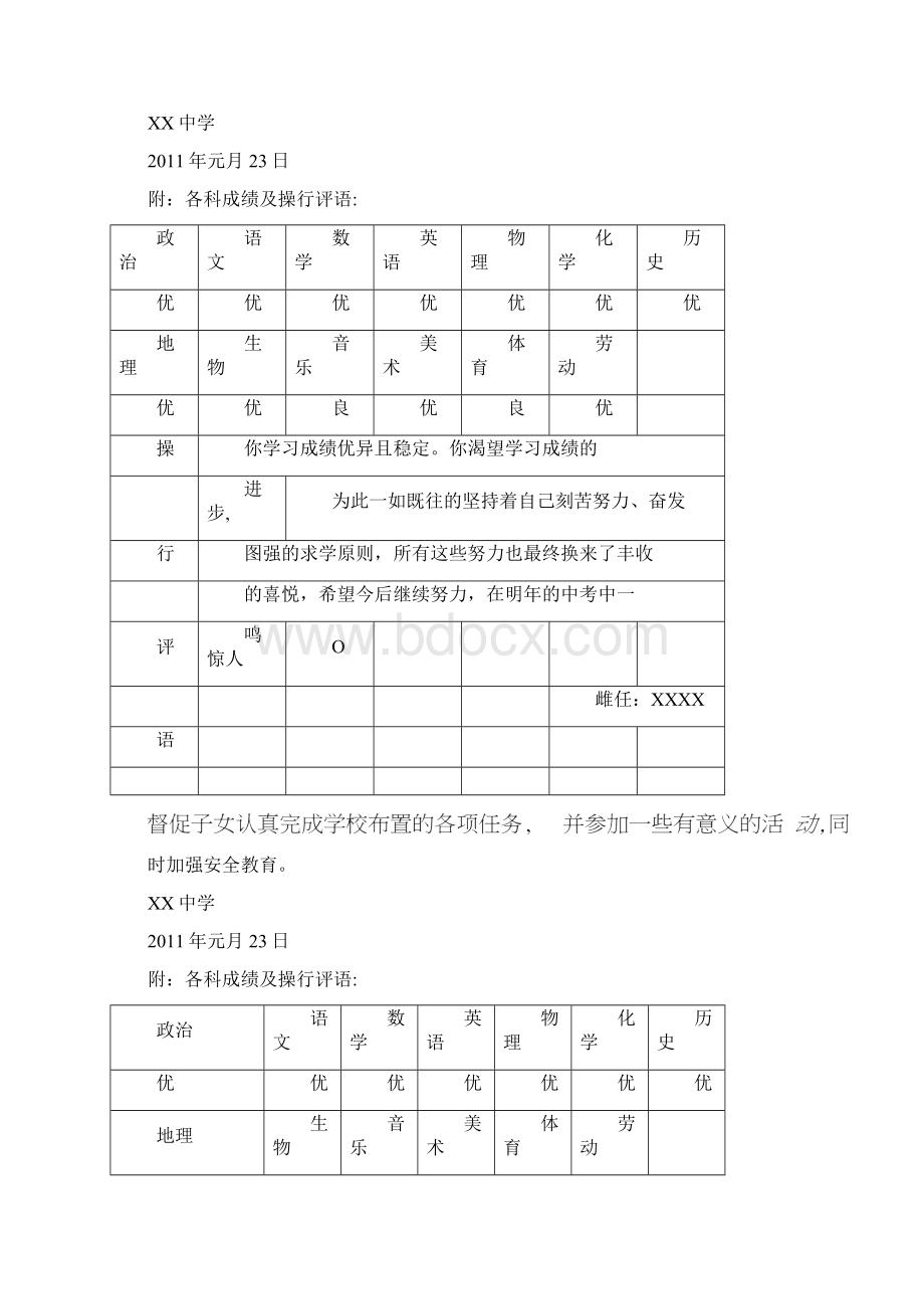 初中学生成绩报告单模板Word格式.docx_第2页