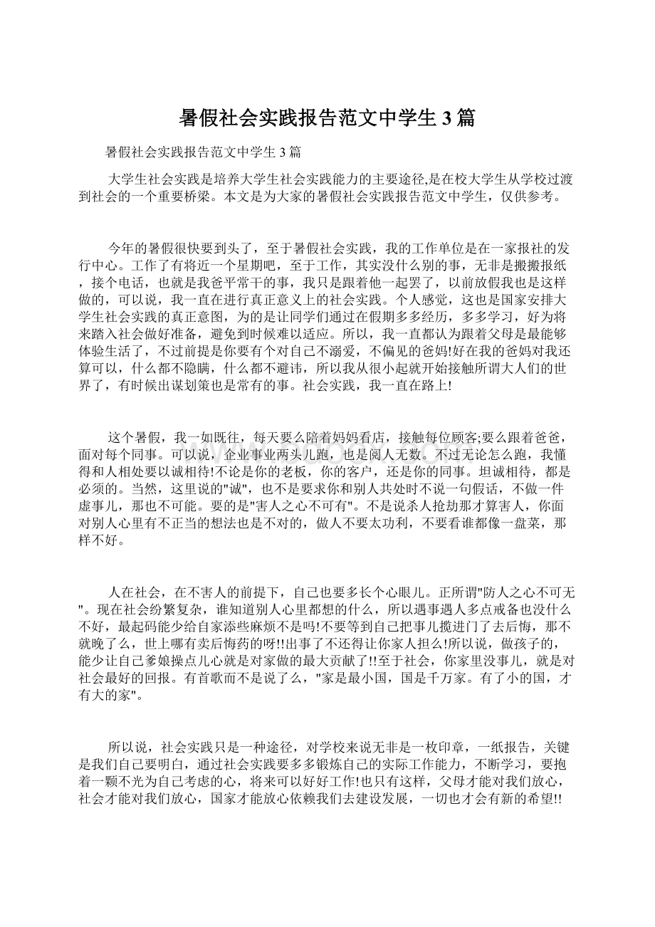 暑假社会实践报告范文中学生3篇文档格式.docx