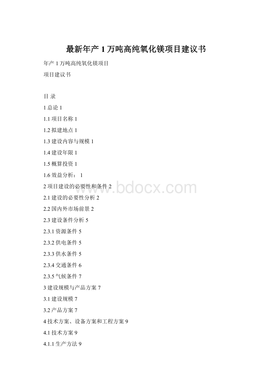 最新年产1万吨高纯氧化镁项目建议书Word文档格式.docx_第1页