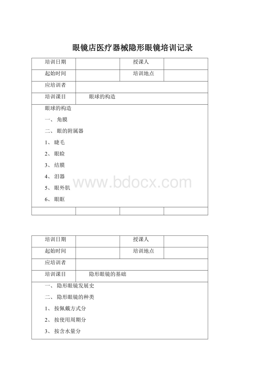 眼镜店医疗器械隐形眼镜培训记录Word下载.docx