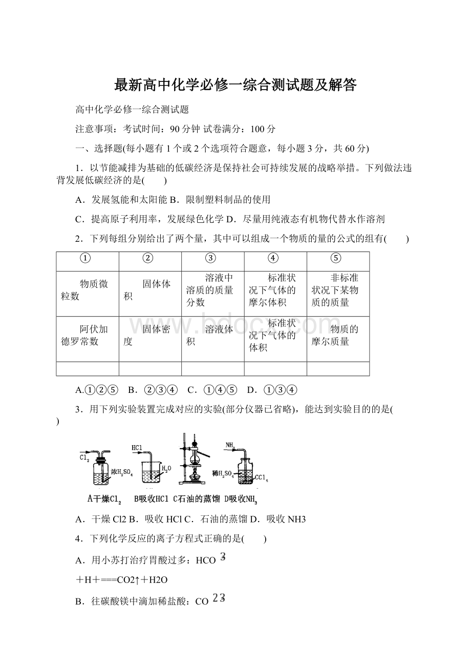 最新高中化学必修一综合测试题及解答.docx