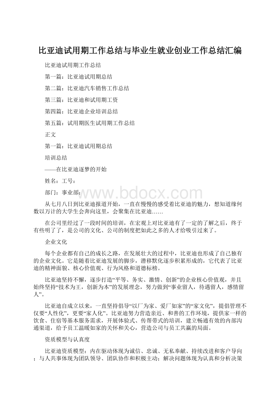 比亚迪试用期工作总结与毕业生就业创业工作总结汇编.docx_第1页